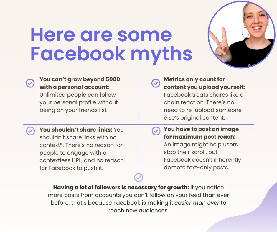 Inforgraphic that says "Here are some marketing myths" with a picture of Katt Wagner and 5 Facebook growth tips