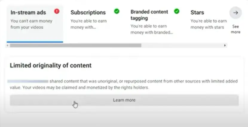 Screenshot of the Facebook monetization restricted error -limited original content violation