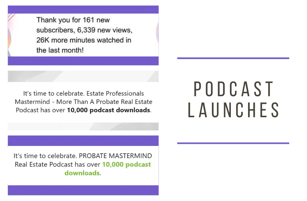 podcast statistics showing the growth of three podcasts after launch