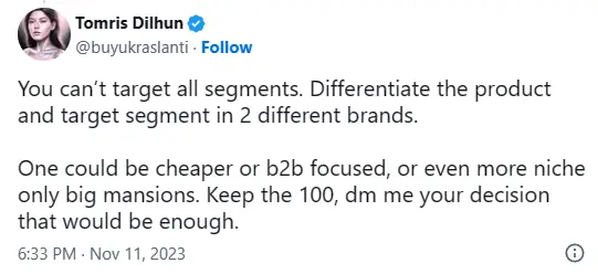 Screenshot of a tweet with advice on combining brands when buying a business. The advice is to keep the separate to target different market segments.