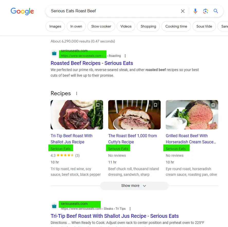 This image shows an example SERP display page for the search query "serious eats roast beef." The green highlights examples of clear navigational intent in the search and content delivery